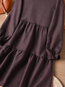 Rusticease 女式纯色圆领长袖百褶休闲中长连衣裙，百搭 - 黑色 - 查看 3