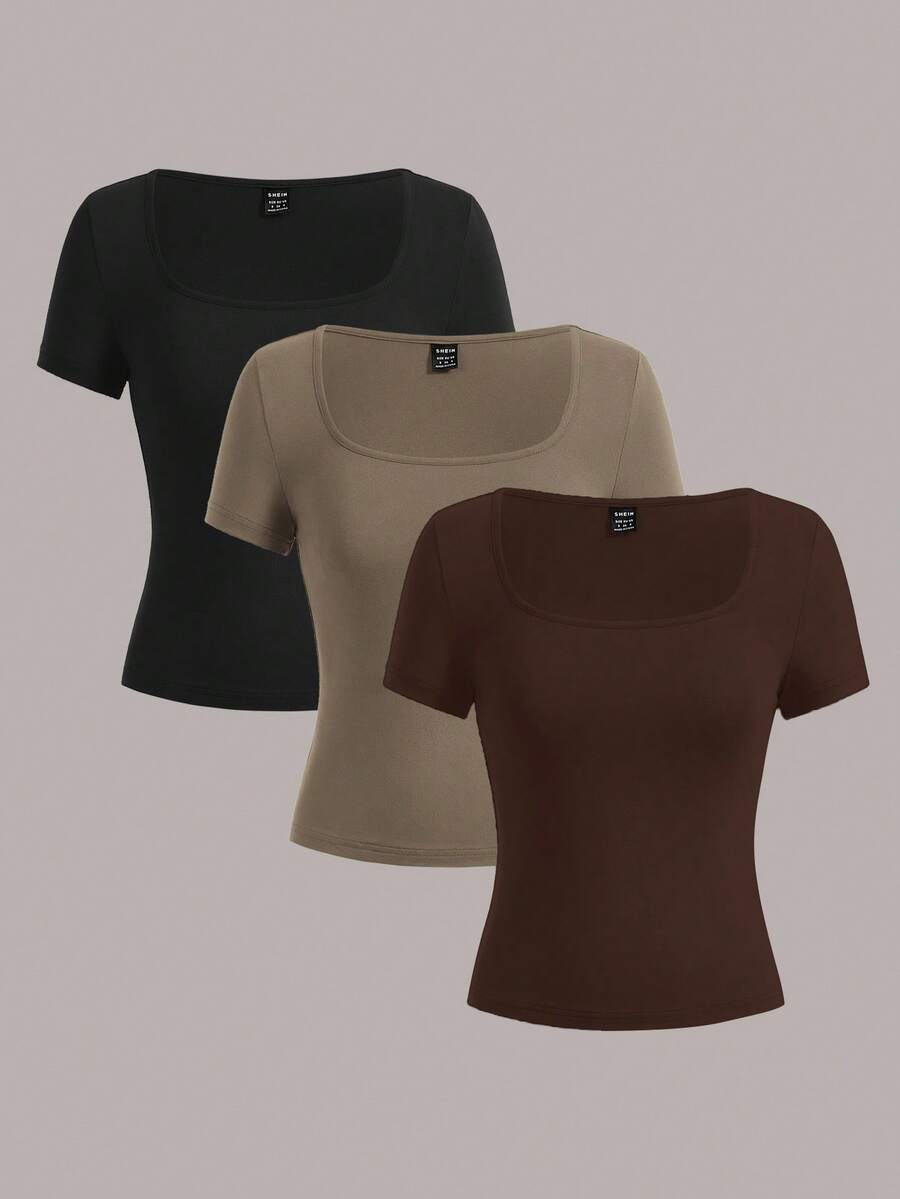 SHEIN EZwear 3 Stücke Damen Kurzarm Crop Top Lässig Passform T-Shirts, geeignet für den Sommer