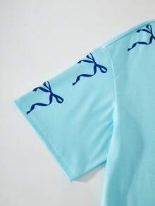 SHEIN 2件套少女粉色蝴蝶结字母V领黑色宽松T恤和粉色V字褶裙套装，甜美可爱 - 彩色 - 查看 10