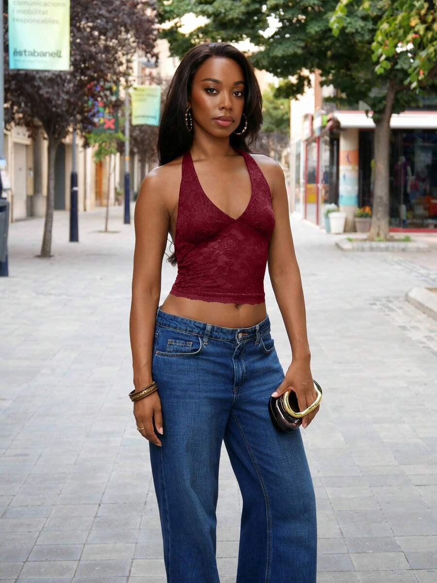 SHEIN BAE Women Floral Lace Fashion Halter Neck Camisole,Multipack