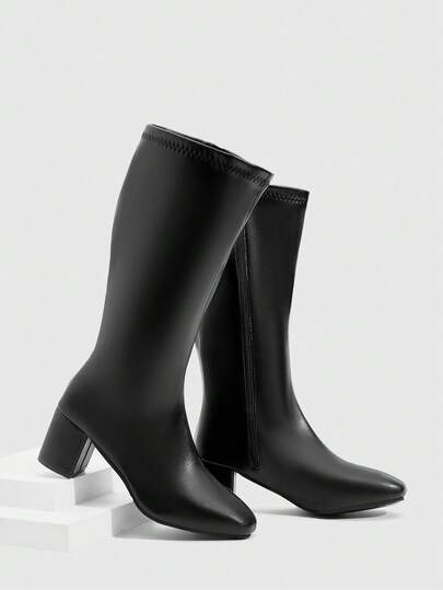 Daringsoles Nuevas botas de mujer, punta cuadrada, material de cuero, cremallera lateral, tacón grueso, botas de moda, botas elásticas, botas hasta la rodilla, botas, botas de montar, botas sobre la rodilla, aumento de altura, atuendo, cómodas y versátiles, adecuadas para festivales de música, Halloween, Navidad, uso diario