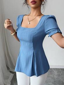 Elenzga Women Square Neck Cinched Waist A-Line Blouse - Blue - View 3