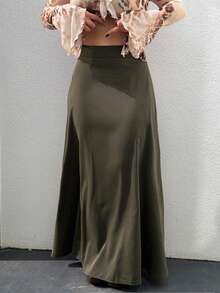Jeta Ari Solid High Waist Maxi Skirt - Army Green - View 3