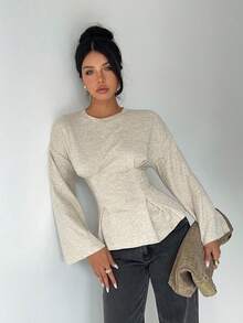 Aloruh 女士休闲圆领褶皱腰T恤，适合日常通勤和家居穿着的纯色T恤，长袖雪纺针织T恤 - 杏色 - 查看 6