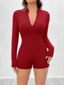 SHEIN PETITE 休閒黑色羅紋長袖前開拉鍊連身衣 紅色連身衣 女款，小碼女款 - 酒紅色 - 查看 6