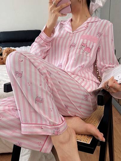 SHEIN 2pcs Cute Cat & Pink Striped Print Women Pajama Set, Casual Long Sleeve Top And Pants Pink Pajamas Set Pajamas Set Cute Sleepwear