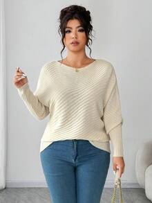 Elenzga Women's Casual Loose Plus Size Off-Shoulder Long Sleeve Sweater, Plus Size, Suitable For Outerwear, Winter - Apricot - View 3