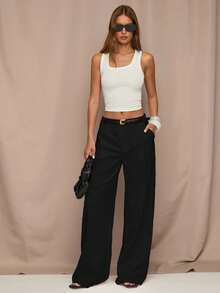 SHEIN BAE Quần ống rộng màu trơn thoải mái hàng ngày đi làm văn phòng cho nữ, dáng rộng có túi xéo - màu đen - Xem 6