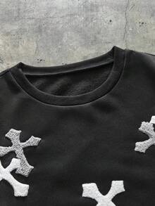 AXEPEAK 男士布料十字绣植绒T恤，适合秋冬季节穿着，长袖上衣 - 黑色 - 查看 4