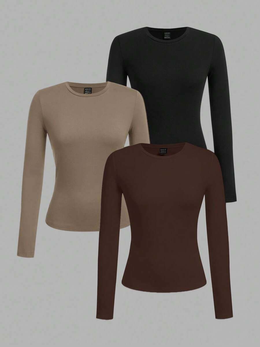 SHEIN EZwear 3 件套女士圆领休闲修身长袖 T 恤套装，适合秋冬季 - 彩色 - 查看 1