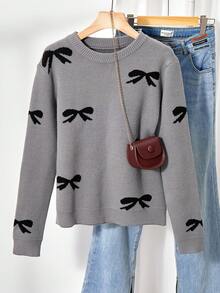 SHEIN Christmas Cute & Fun Party Women Crew Neck Long Sleeve Sweater - Grey - View 1