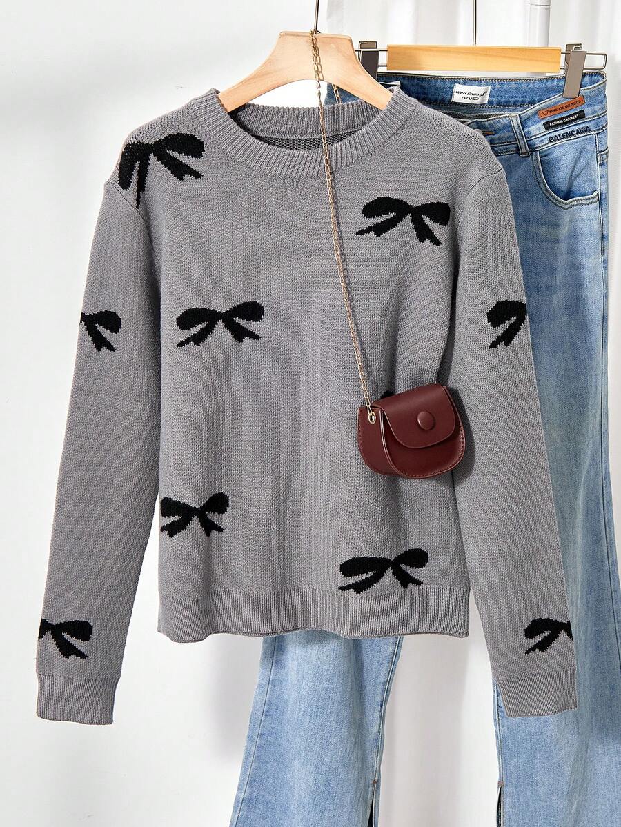 SHEIN Christmas Cute & Fun Party Women Crew Neck Long Sleeve Sweater - Grey - View 1
