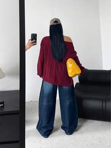 POPSWAY Christmas Plus Size Women Casual Street Style Oblique Shoulder Cable Knit Loose Pullover Sweater, Autumn/Winter - Red - View 2