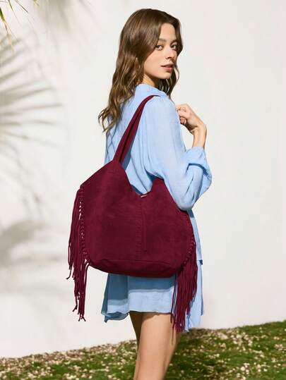 SHECARRY Women's Boho Suede Tote Bag With Tassel Trim - Rich Brown Large Capacity Shoulder Bag For Vacation, Travel & Daily Use, Stylish Spacious Chic Beach Bag, Newest Fashionable Suede Bag For Women