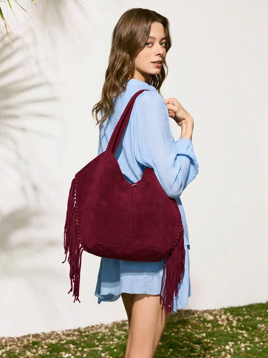 SHECARRY Túi xách nữ phong cách Boho bằng da lộn với viền tua rua - Màu nâu đậm, túi đeo vai dung tích lớn, thích hợp cho kỳ nghỉ, du lịch và sử dụng hàng ngày, túi đi biển thời trang rộng rãi, mẫu túi da lộn mới nhất dành cho nữ. - Màu Đỏ Sâu - Xem 1