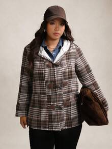 Zelara Women's Vintage Plaid Fleece Plus Size Loose Coat,Brown Winter Casual Hiking White Zip-Up Hoodie,Fall Thanksgiving Warm Cozy New Year Outerwear - Coffee Brown - View 7