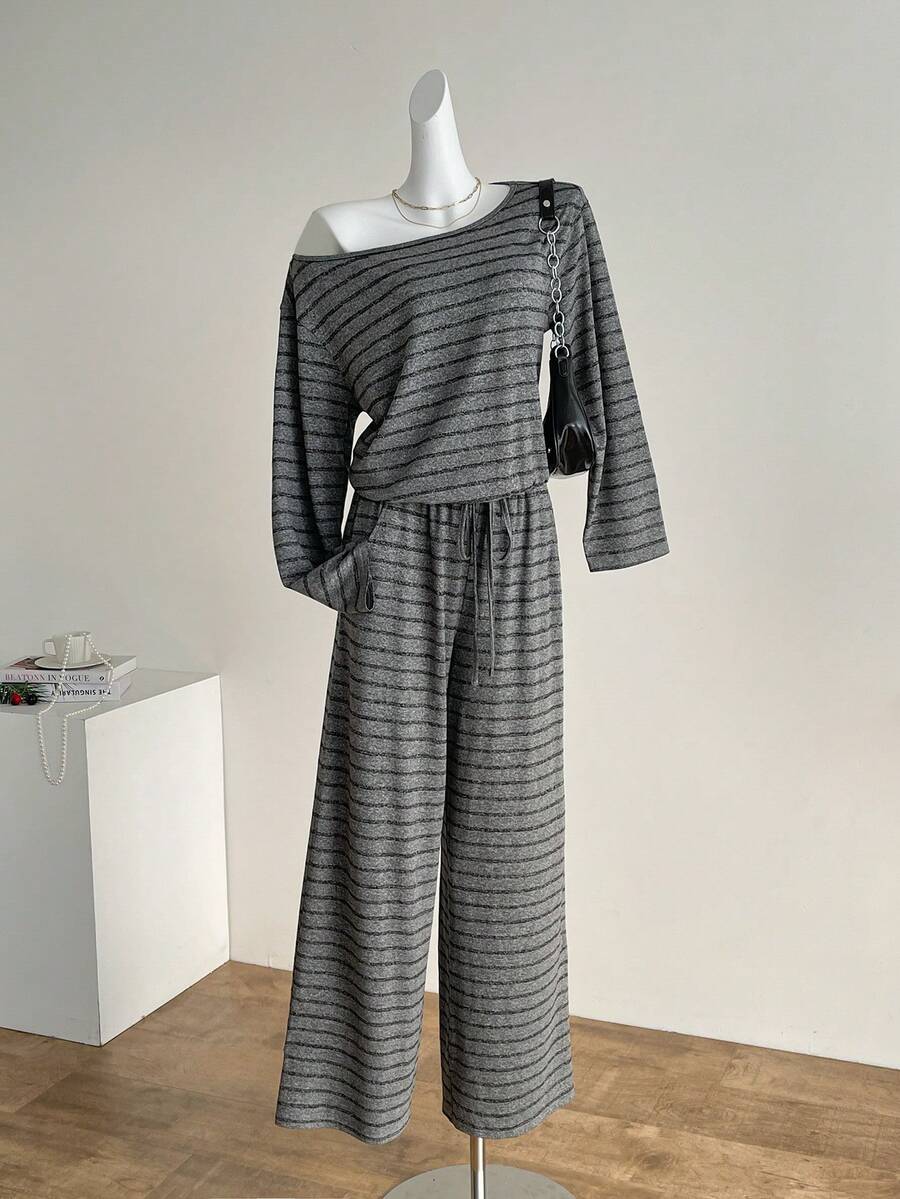 SHEIN LUNE 2pcs/Set Women Striped One-Shoulder Long Sleeve Top And High Waist Wide Leg Pants With Drawstring Tie, Casual Homewear - Multicolor - View 1