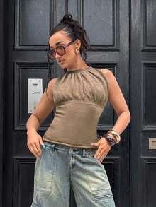 Jeanoix Blusa de punto sin mangas con pliegues de moda casual para mujer