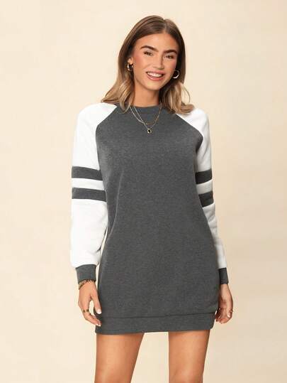 Coeurva Vårmusikalisk grå färgblocksklänning med långa raglanärmar, långärmade toppar examen, skolstartskläder, examen, lärarkläder för kvinnor, skolstart höst/vinter