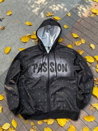 Manfinity Roghcode Sudadera con capucha con cremallera y cordón de hombre, con estampado de letras, para otoño