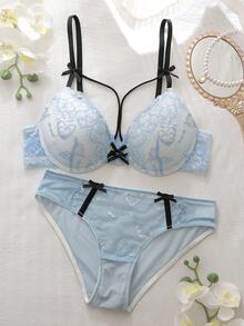 DelicateAllure 2 件套钢圈塑形罩杯提升乳沟增强对比色蕾丝拼布荷叶边花卉蕾丝可爱清新舒适半罩杯文胸套装女士 - 淺藍色 - 查看 4