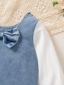 Young Girls Denim Patchwork Dress, White Sleeves, Bow Design At Back, Denim Dress