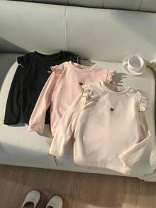 Genkimix Kids 3pcs Young Girls Autumn/Winter Ruffle Trim Double-Sided Fleece Thermal Underwear, Versatile Round Neck Embroidered Heart Long Sleeve T-Shirt