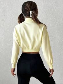 SHEIN EZwear 女士前拉链长袖简约短款卫衣，休闲日常穿着，长袖上衣，适合毕业、教师、秋冬季返校季穿着，黄色 - 杏色 - 查看 2