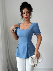 Elenzga Women Square Neck Cinched Waist A-Line Blouse - Blue - View 7