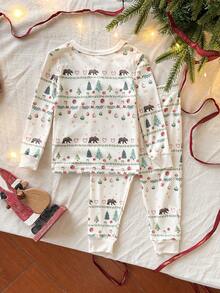 SHEIN Vintaside Kids 2 pièces Ensemble de pyjama ajusté pour bébé garçon avec Top à manches longues et pantalon, imprimé ours cadeau nœud papillon, couleur abricot