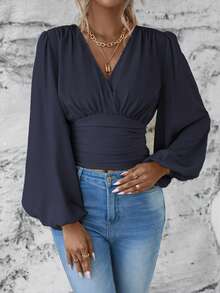 SHEIN LUNE Elegant Commuter Solid Color Lantern Sleeve Ruched Waist Shirt - Navy Blue - View 3