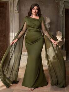 Aureia Vestido de Festa Elegante e Deslumbrante Verde com Stretch para Outono e Inverno, Tweed com Recortes em Chiffon, Gola Assimétrica Plissada, Mangas Longas, Bordado de Computador e Aplicação de Strass, Bainha Sereia com Cauda, Adequado para Jantar, Despedida de Solteira, Encontro, Festa, Feriado, Aniversário, Casamento e Evento Noturno - Verde Militar - Visão 4