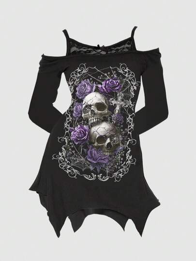 Goth Camicetta asimmetrica con stampa di rose e teschi, scollo spalle scoperte, maniche lunghe, stile gotico, per taglie comode