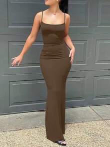 SHEIN Women's Fashionable Sexy Solid Color Fitted Maxi Dress