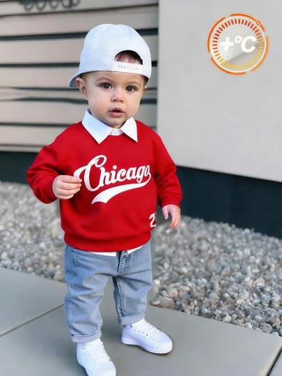SHEIN 男婴保暖内衬圆领卫衣和牛仔裤套装，舒适休闲日常穿着，适合室内、室外、运动、派对、拍照、节日、街头风、运动服、慢跑裤、牛仔裤、卫衣、牛仔服、嘻哈风格，秋冬季男婴服装，棒球男婴街头风红色男婴套装，男婴棒球服