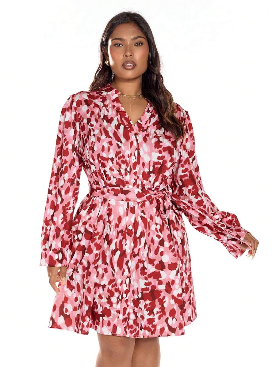 Solavibe Plus Size Pink,Autumn,Smart Casual,Everyday Women's V-Neck Casual Printed Dress,Old Money Outfit For Christmas Holiday,Office Wear & Teacher Outfit - Red - View 1