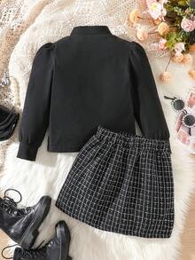 女童舒适简约黑色短袖上衣搭配黑色格子时尚秋冬半装 - 黑色 - 查看 2
