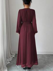 Elenzga 女士优雅中东风格雪纺 V 领收腰扭纹 A 字灯笼袖长裙，复古法式下午茶派对，春秋季 - 紫紅色 - 查看 2