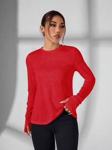 Easithlete Easithlete 女士纯色简约长袖休闲运动T恤 红色健身上衣 长袖健身上衣 女式长袖运动衫 露背健身上衣 女式健身上衣 - 紅色 - 查看 2