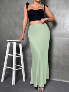 SHEIN Tall Women's Green Satin Mermaid Maxi Skirt With Zipper For Party Elegance - Green - View 4