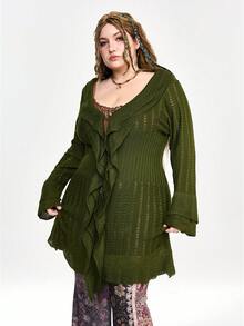 ROMWE Fairycore Plus Size Vintage Green Olive Green Double-Layer Ruffle Flare Sleeve Knit Cardigan, Autumn/Winter Plus Size Women Sweater Cardigan Jacket - Olive Green - View 3