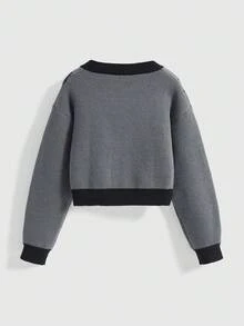 ROMWE Goth Cárdigan de mujer casual con estampado de gato y estrella en jacquard, cuello redondo, hombros caídos y manga larga - Gris Oscuro - Ver 2