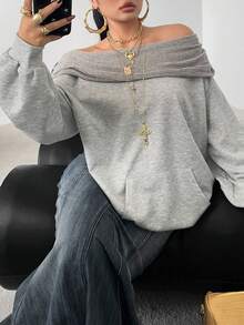 POPSWAY Damen Oversized Sweatshirt mit Off-Shoulder, Patchwork, Rippstrick, lässig und bequem in Große Größen - Grau - Übersicht 2