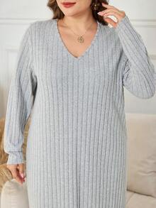 Lacomfia Vestido casual de mujer de talla grande con parches de encaje y costillas cepilladas - Gris - Ver 3