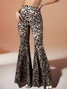 SHEIN Raffinéa Leopard Velvet Pattern Slim Fit Flare Pants, Suitable For Autumn/Winter Party & Outings Leopard Print Pants Animal Print Clothes Cheetah Print Pants Bell Bottom Pants - Brown - View 1