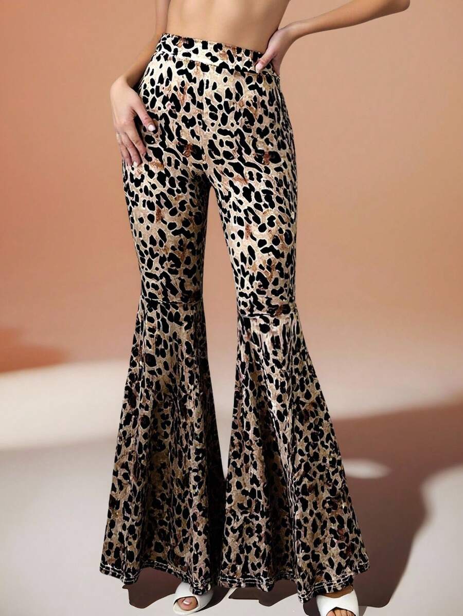 SHEIN Raffinéa Leopard Velvet Pattern Slim Fit Flare Pants, Suitable For Autumn/Winter Party & Outings Leopard Print Pants Animal Print Clothes Cheetah Print Pants Bell Bottom Pants - Brown - View 1
