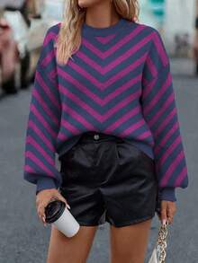 SHEIN LUNE Women's Oversized Crew Neck Drop Shoulder Long Sleeve Loose Knit Pullover Sweater - Bold Plum - View 5