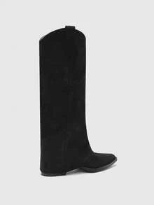 CUCCOO BIZCHIC 黑色尖头及膝靴 | 慵懒绒面革纹理 | 中粗跟 | 轻松时尚风格 | 2 双，高级皮革外观 - 黑色 - 查看 8