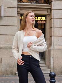 INAWLY Cárdigan de punto casual de mujer de un solo pecho, cuello redondo, hombros caídos y manga larga, de unicolor, para otoño/invierno - Caqui - Ver 4