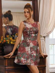 Glamine Charm Damen bedrucktes Minikleid mit Peplum-Saum und Rundhalsausschnitt, Herbst/Winter - Verschiedenfarbig - Übersicht 5